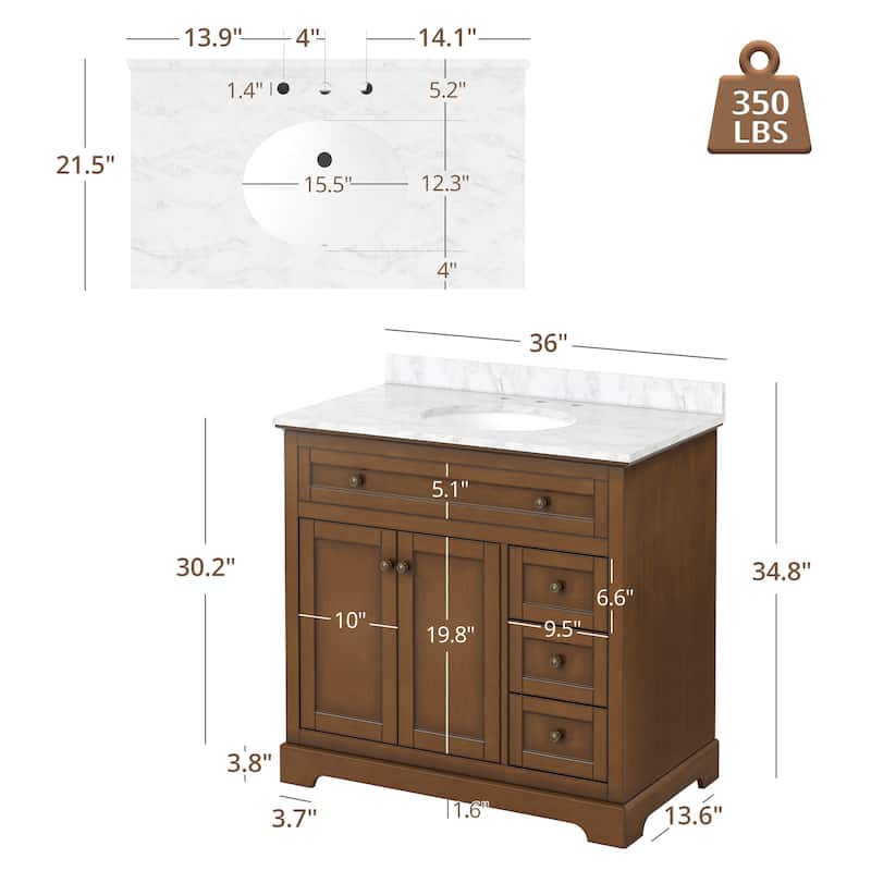 36/48/60 in. Bathroom Vanity in Wood with Ceramic Undermount Sink, Vanity with soft close Drawers