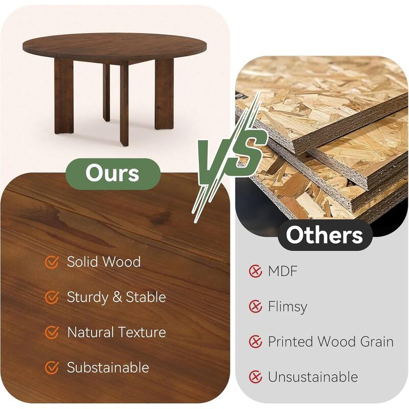 47.24" Solid Wood Round Dining Table, Farmhouse Dinner Table for Dining Room, Natural Brown