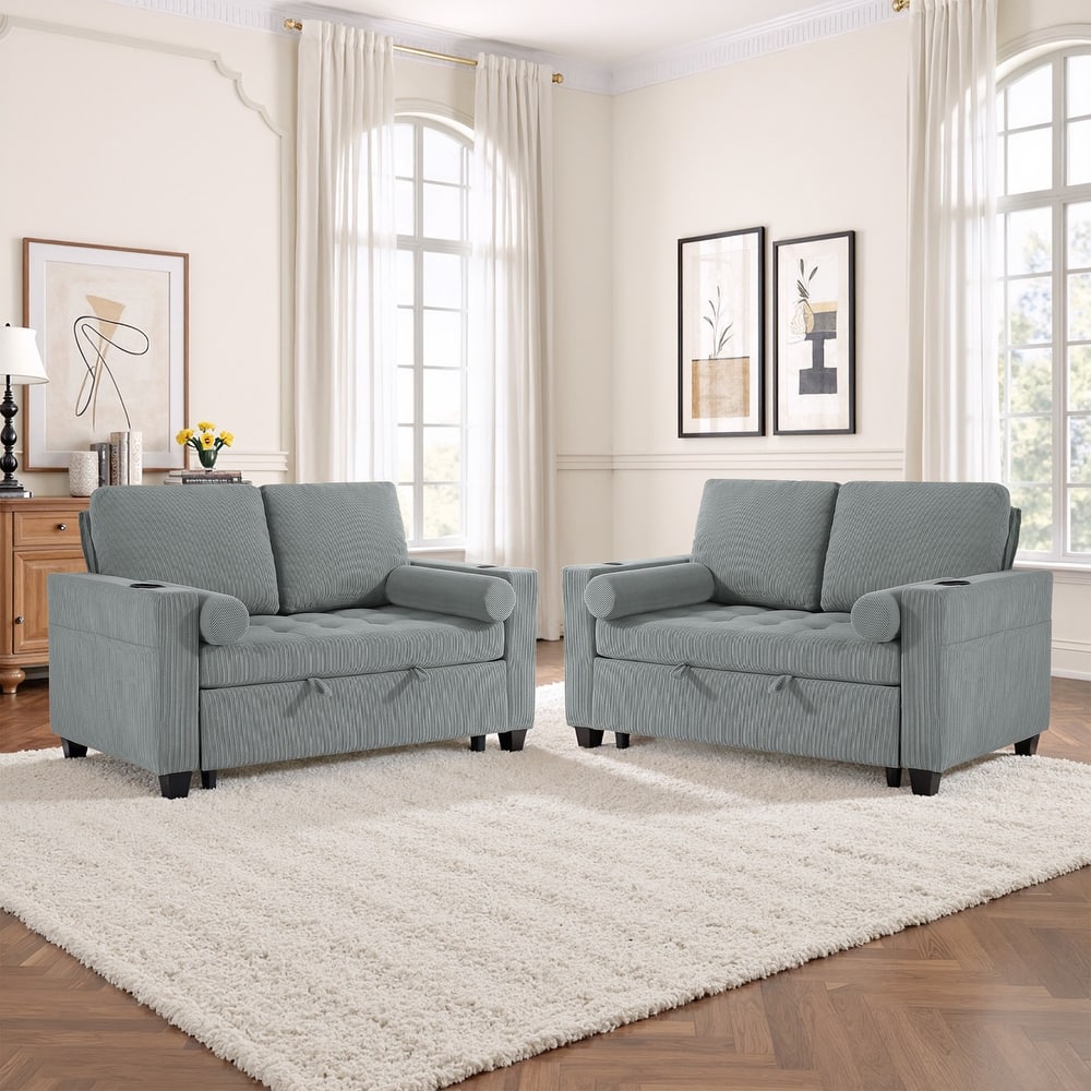 Set of 2 Corduroy Convertible Sleeper Chairs Pull-Out Chair Beds with 2 USB Port