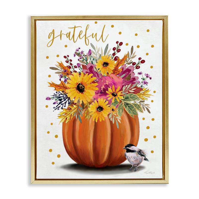 Stupell Grateful Pumpkin Bouquet Framed Floater Canvas Wall Art Design By Elizabeth Tyndall - 17 x 21 - Gold