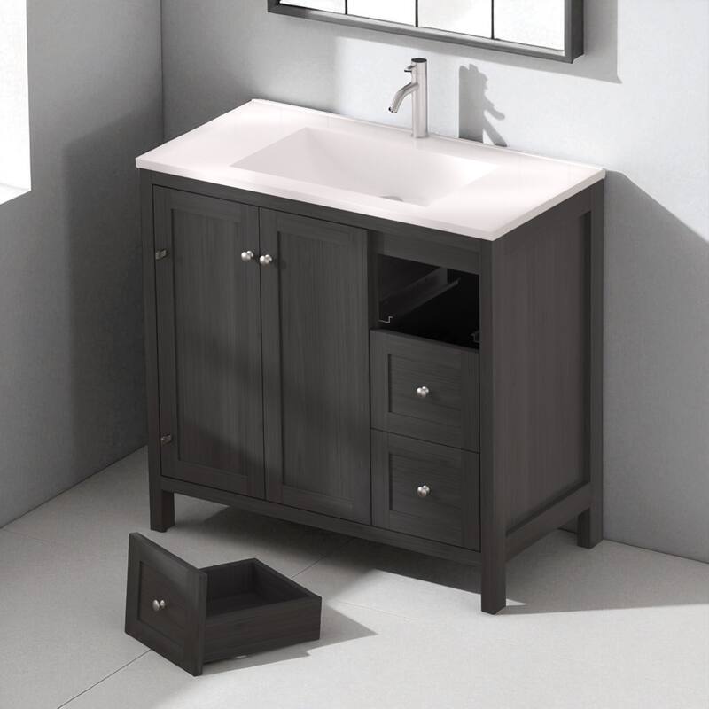 35.5" Modern Bathroom Vanity with Resin Basin, Plywood Cabinet with 3 Drawers & Soft Close Doors, Munich Black Finish - Black