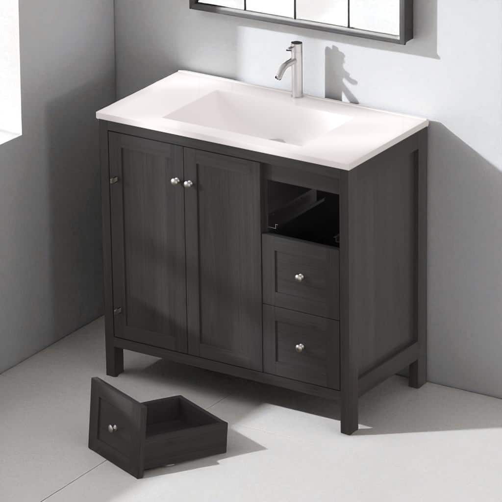 35.5" Modern Bathroom Vanity with Resin Basin, Plywood Cabinet with 3 Drawers & Soft Close Doors, Munich Black Finish