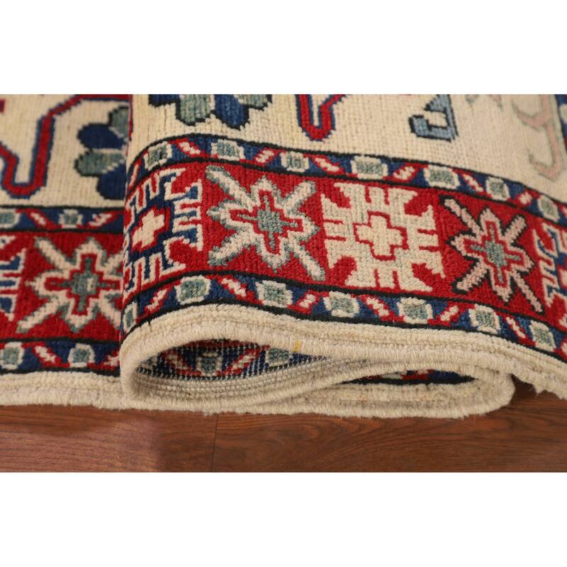 Geometric Kazak Accent Rug Hand-Knotted Foyer Wool Carpet - 3'5" x 4'10"