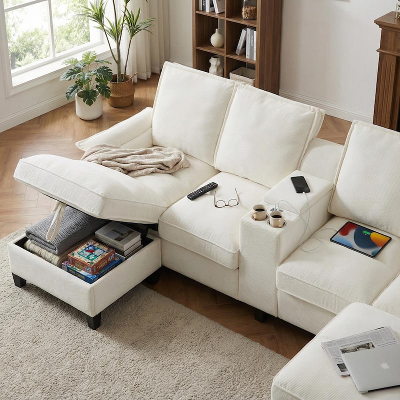 Homy Casa 120" U-Shaped Modular Corduroy Sectional Sofa Bed w/ Storage, Cup Holders & USB, 4-Seat (Beige/Green/Gray/Black)