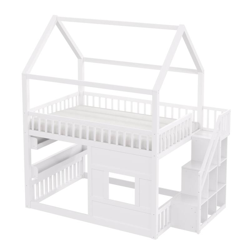 Full Size Wooden House Bed with Built-in LED Shelf Light, Fairytale Loft House-shaped Bed Frame for Children Kids Boys Girls