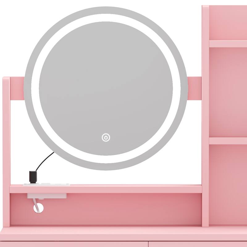 Moasis Makeup Vanity Set with Storage Stool and Round LED Touch Screen Mirror & Charger Station