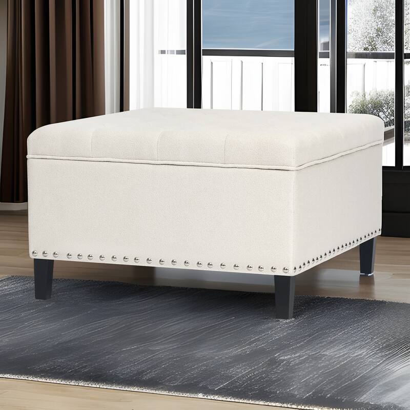 Adeco Large Square Footstool Fabric Storage Ottoman Bench