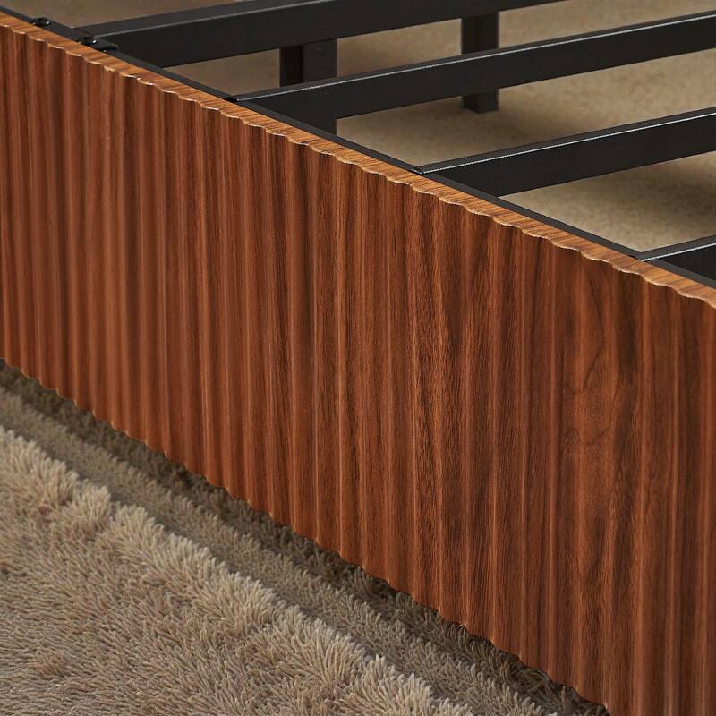 Wood Bed Frame with Corrugated Curved Wood Panels, Heavy Duty Metal Support, No Box Spring Needed