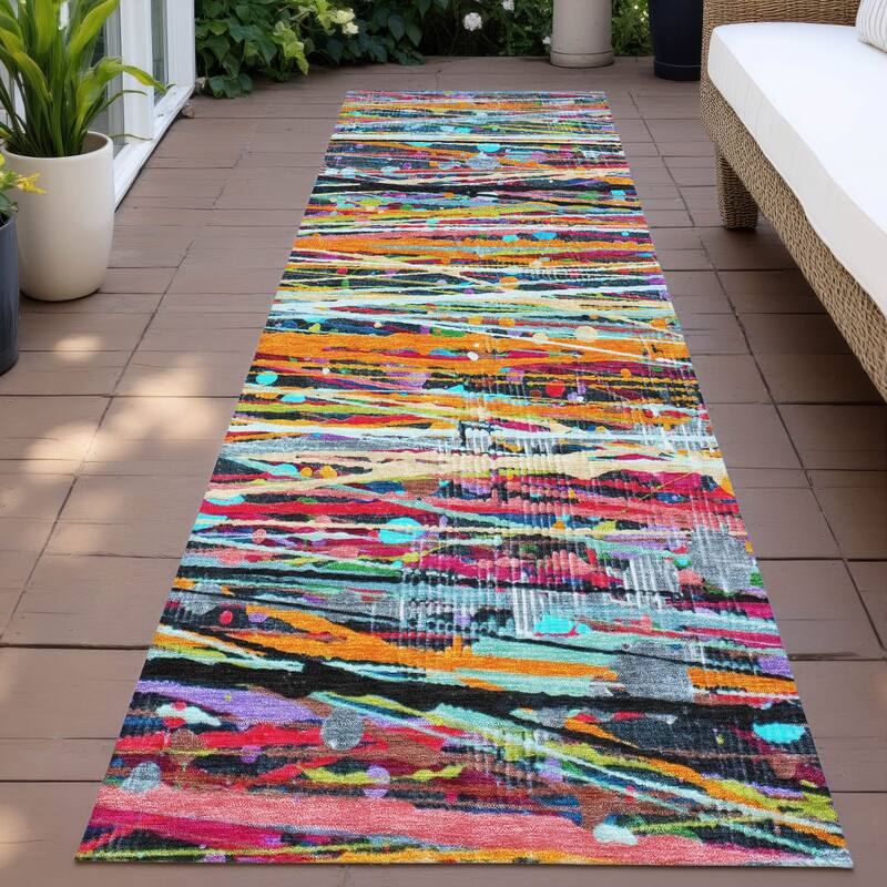 Machine Washable Indoor/Outdoor Abstract Stripes Chantille Rug - Orange - 2'3" x 7'6"