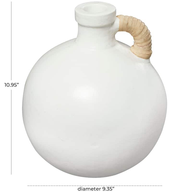 White Ceramic Jug Inspired Vase with Rattan Wrapped Handle