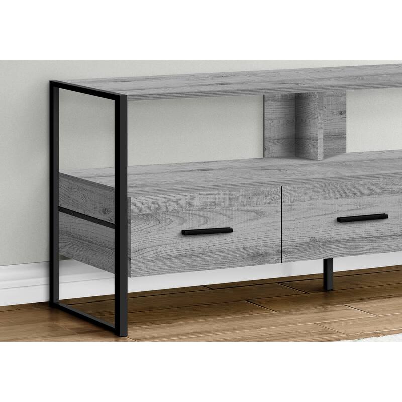 Modern 48" TV Stand, Industrial Design with 3 Storage Drawers & Open Shelves, Black Metal Frame