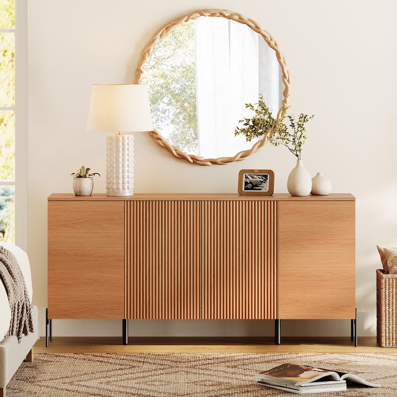 WAMPAT Wooden Reeded Baby Dresser For Bedroom, 61" 4-Door Cabinet For Kids, Mid Century Modern Closet Storage Organizer - Mocha