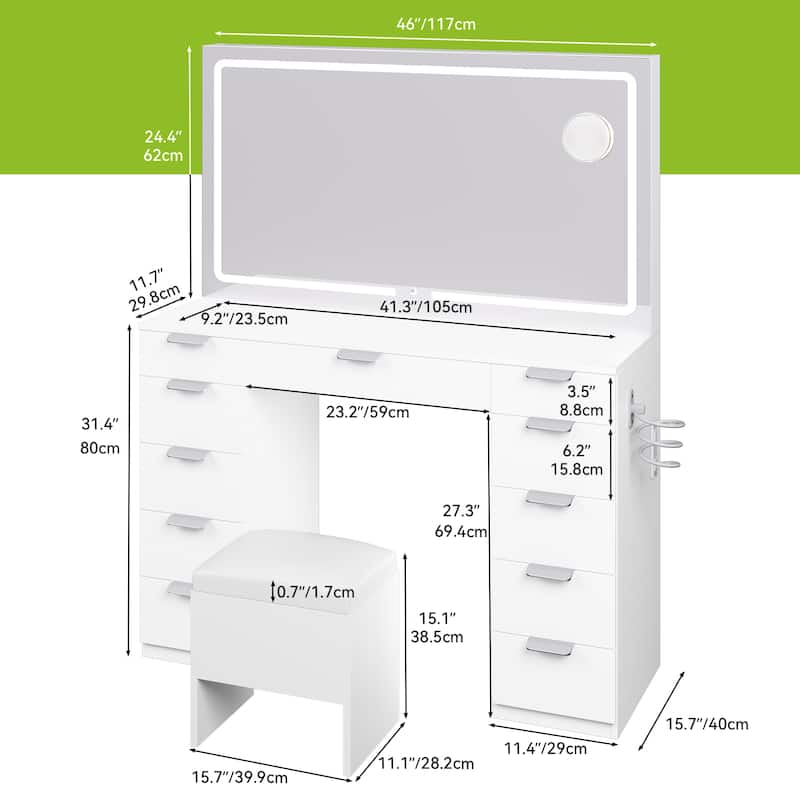 Moasis 46"Vanity With Built-in Socket With Illuminated Mirror and Hair Dryer Rack - 55.8'' H X 46'' W X 11.7'' D
