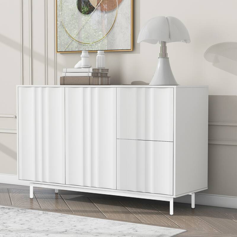 Wave Pattern Modern 2-Door Sideboard Buffet Cabinet with Adjustable Shelves & Drawers for Living Room Storage