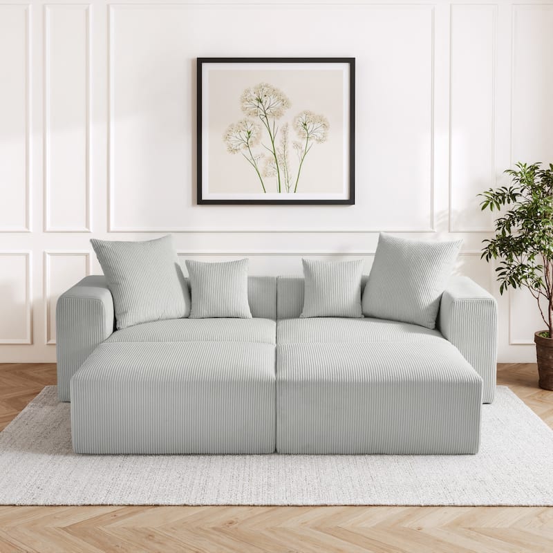 Corduroy Upholstered Modular Sectional Sofa with Ottoman - Light Grey-4 piece - Symmetrical
