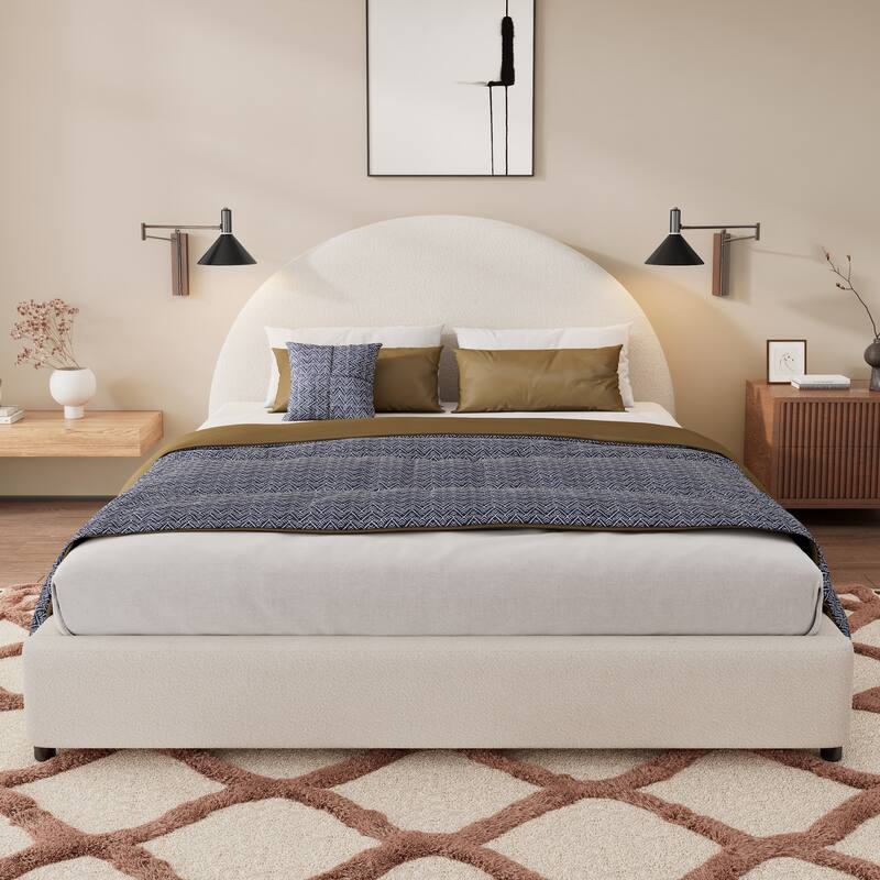 Upholstered Bed with Round Curved Headboard Wingback Bed, White Boucle Platform Bed Frame
