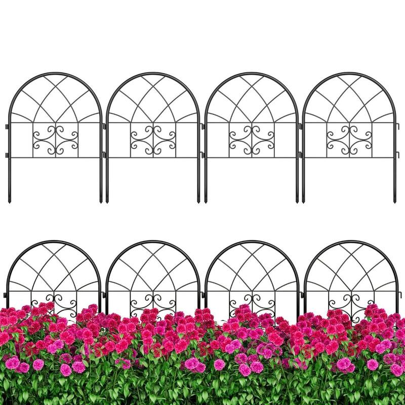 8 Panel Rustproof No Dig Garden Fence for Yard Decor, Pet Barrier - Black