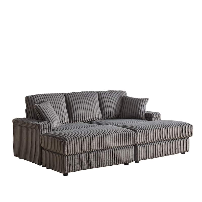 84" Corduroy 3-Seater Sofa with Storage, Ottoman and Cup Holders, Includes 5 Pillows