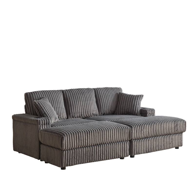 Corduroy Sectional Loveseat Sofa with 2 Ottomans Chaise Lounge, 2 Toss Pillows, 2 Arm Storage and 2 Cup-holding for Living Room