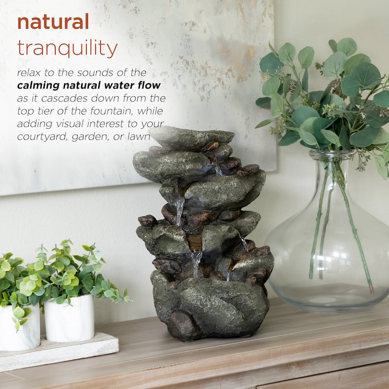 Alpine Corporation 14" Tall Indoor/Outdoor Tiering Rainforest Rock Waterfall Tabletop Fountain with LED Lights