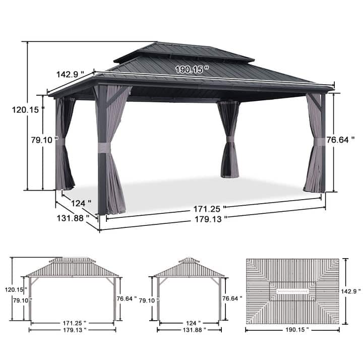 PURPLE LEAF Outdoor Galvanized Steel Hardtop Gazebo, Aluminum Frame Gazebo With Curtains