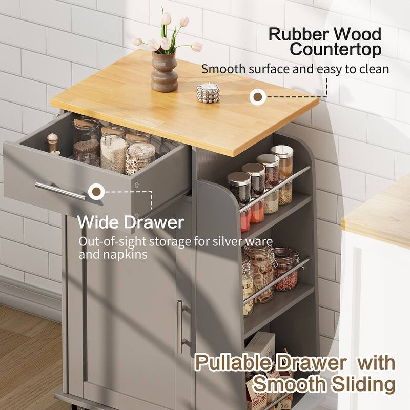 Rolling Kitchen Island with Storage Cabinet & Spice Rack & Drawer – Rubber Wood Top