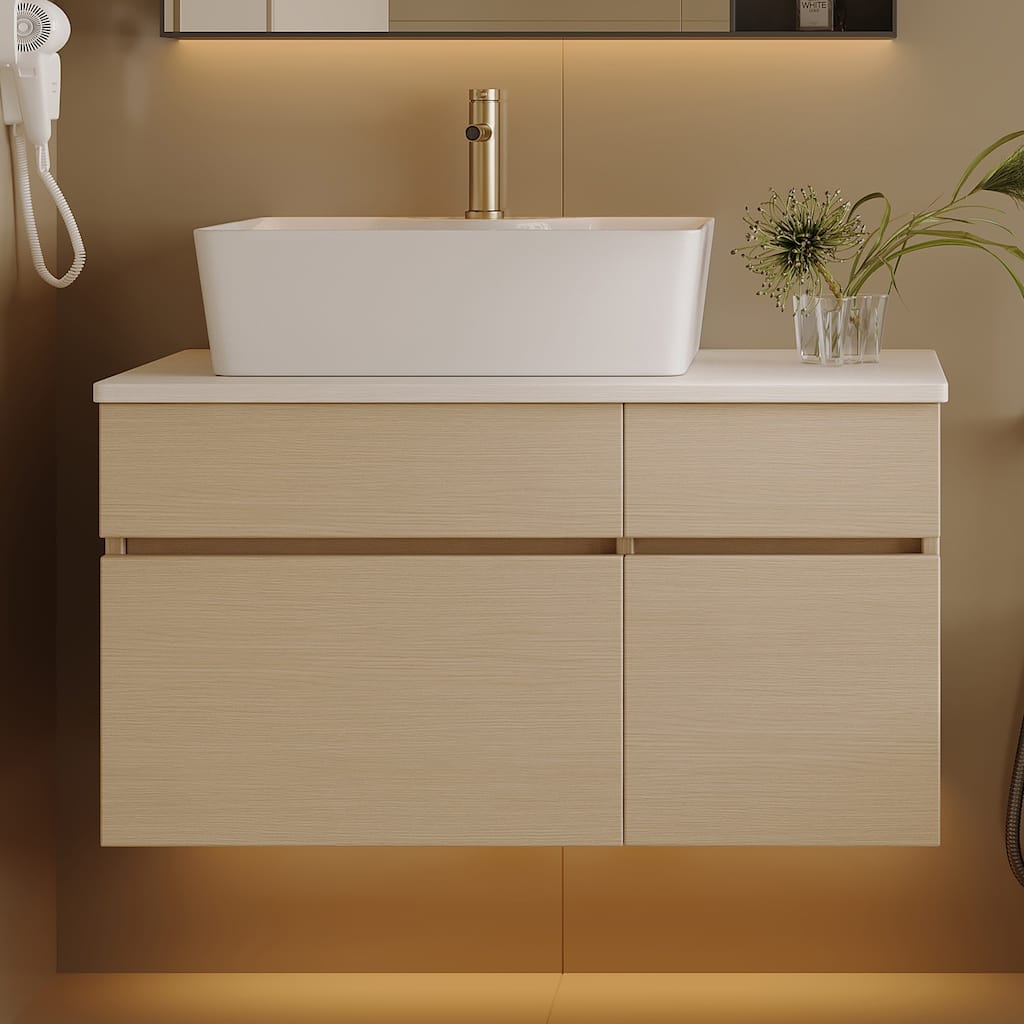 Floating Single Small Bathroom Vanity with Integrated Vessel Ceramic Sink and Multi-layer Storage Solid Wood Cabinet