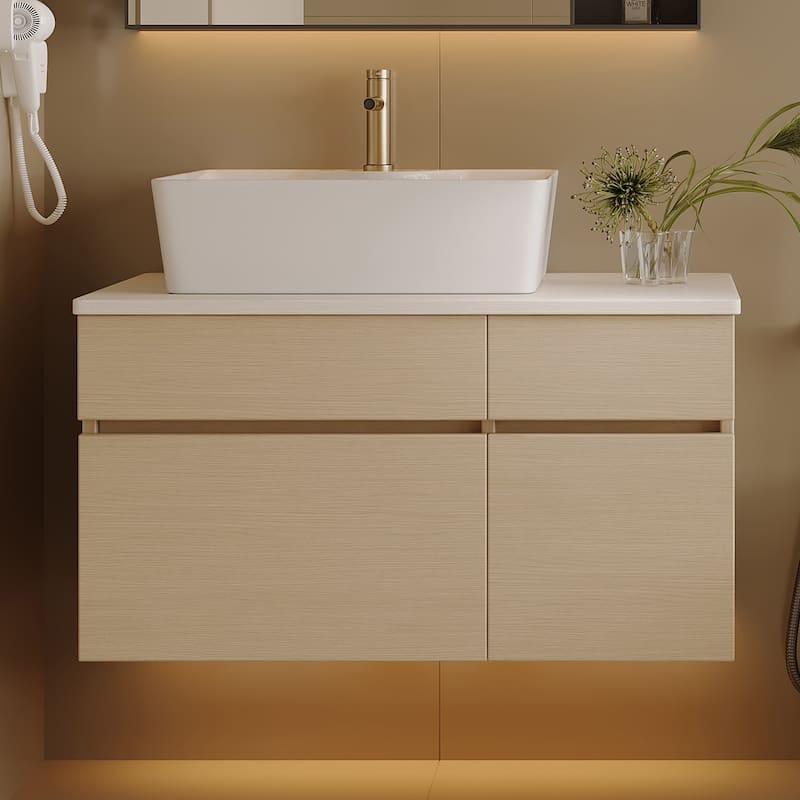 GDFStudio - Modern 31.5" Floating Wall-Mounted Bathroom Vanity with Vessel Sink, Soft-Close Drawer & Double Door Storage