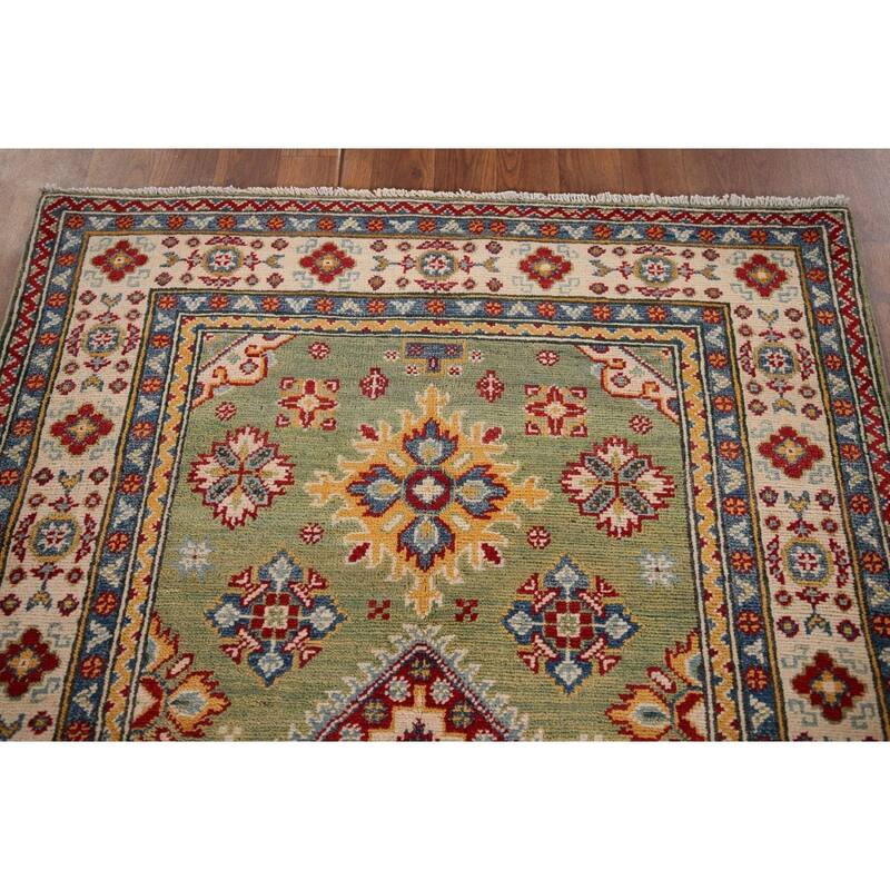 Light Green Kazak Accent Rug Handmade Wool Carpet - 3'4" x 4'9"