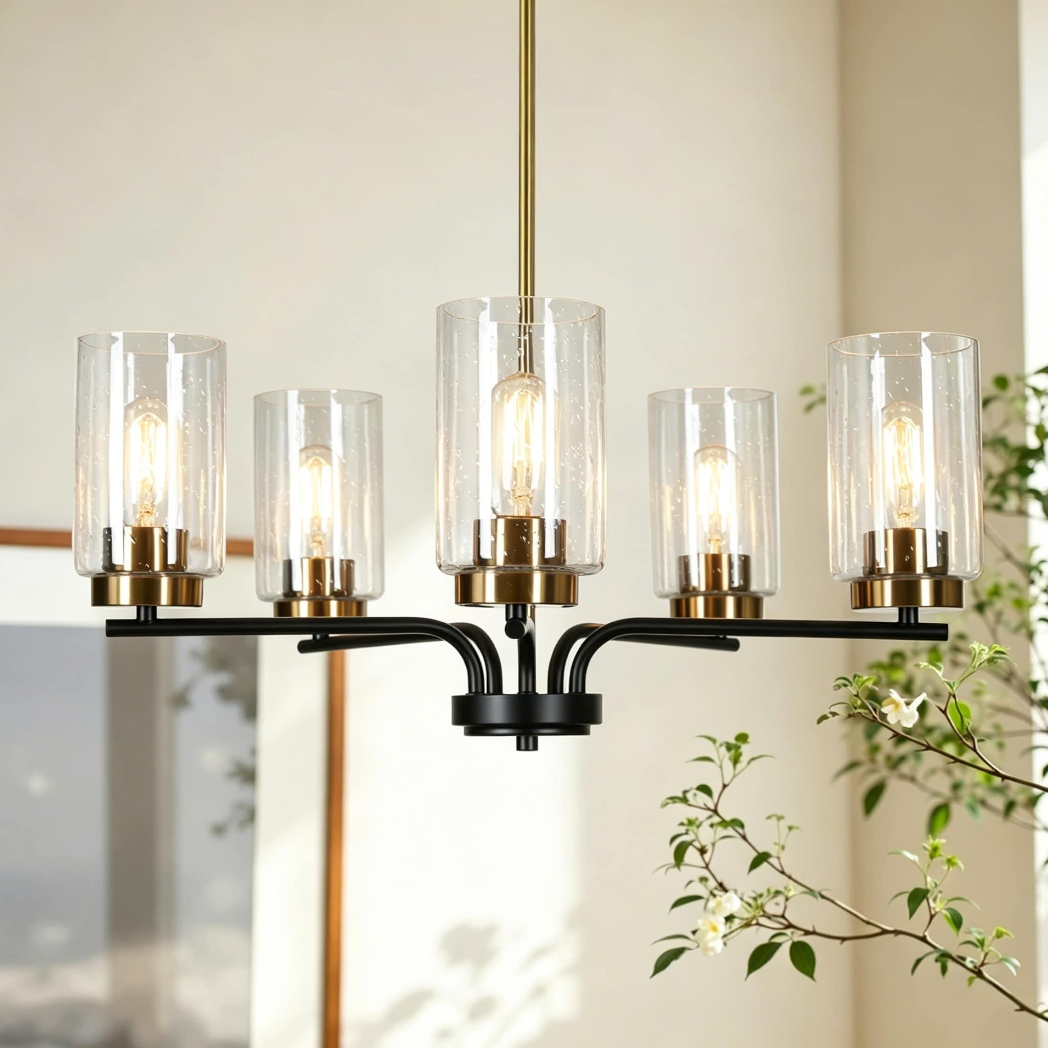 Modern Farmhouse 5-Light Black Gold Cylindrical Seeded Glass Shade Chandelier Wheel Pendant Lights for Dining Room - 24"D