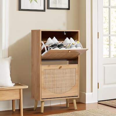 Rattan Shoe Cabinet with 2 / 4 Flip Drawers, Narrow Shoe Storage Cabinet,Organizer for Entryway, Bedroom, Living Room