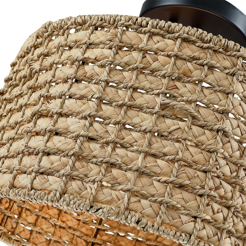 13.6 in. 2-Light Natural Rattan Semi-Flush Mount Ceiling Light with Black Canopy - Black/earthy - 13.6 in. W - 13.6 in. W
