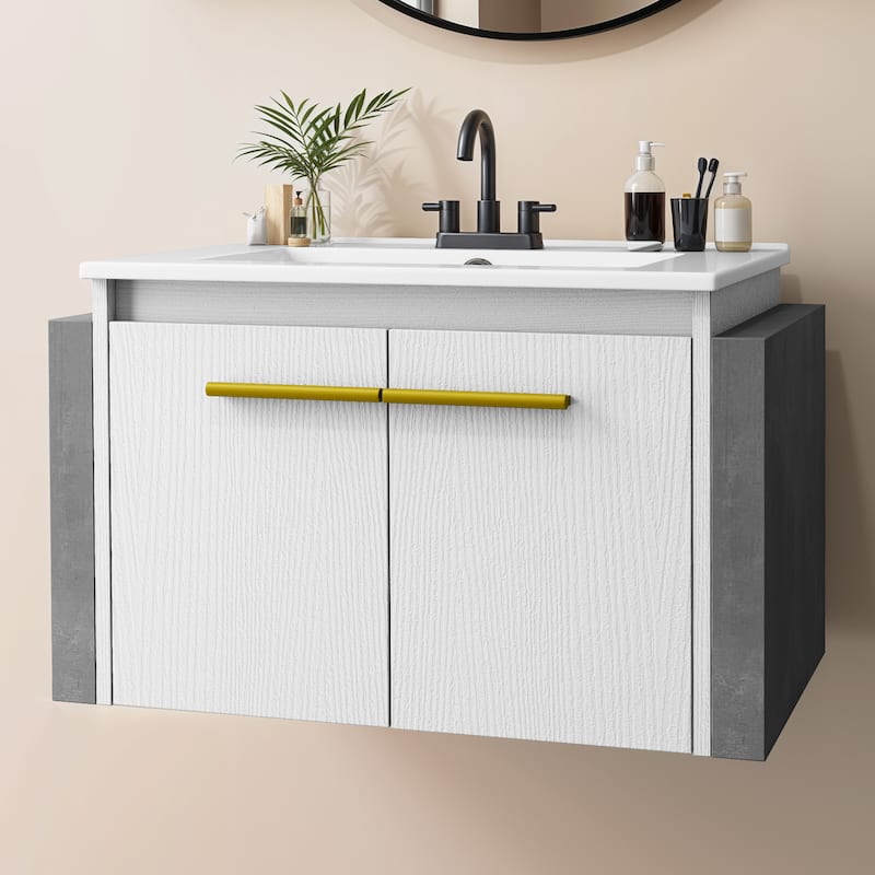 Moasis 26.5"W Floating Bathroom Vanity with Sink Combo and Soft-Closing Double Extra Large Doors - White&Grey