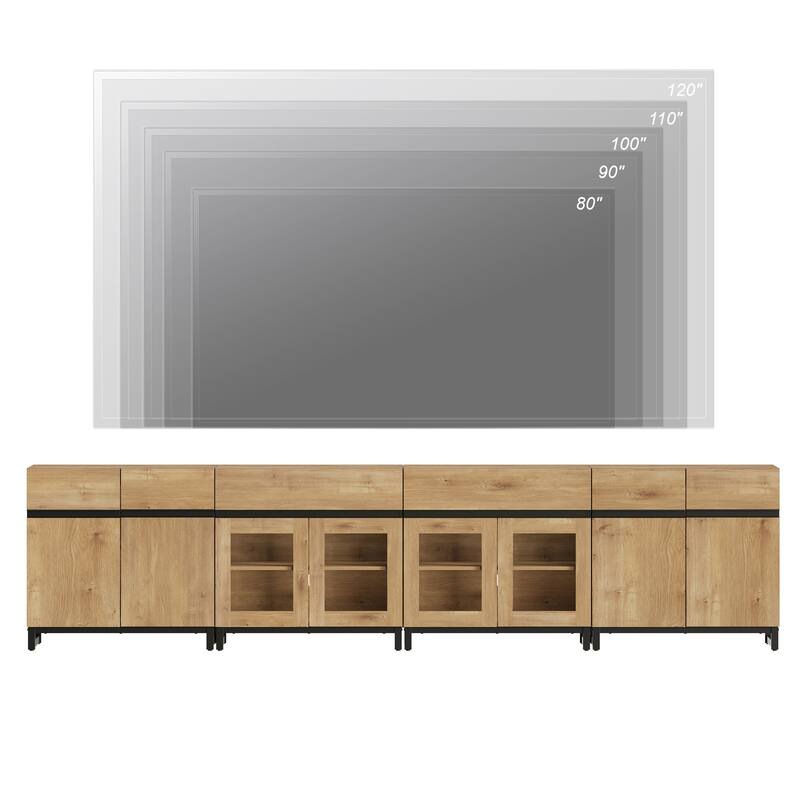 Modern TV Stand for 120" TVs, 4-in-1 Console with Glass Doors & 2 Drawers