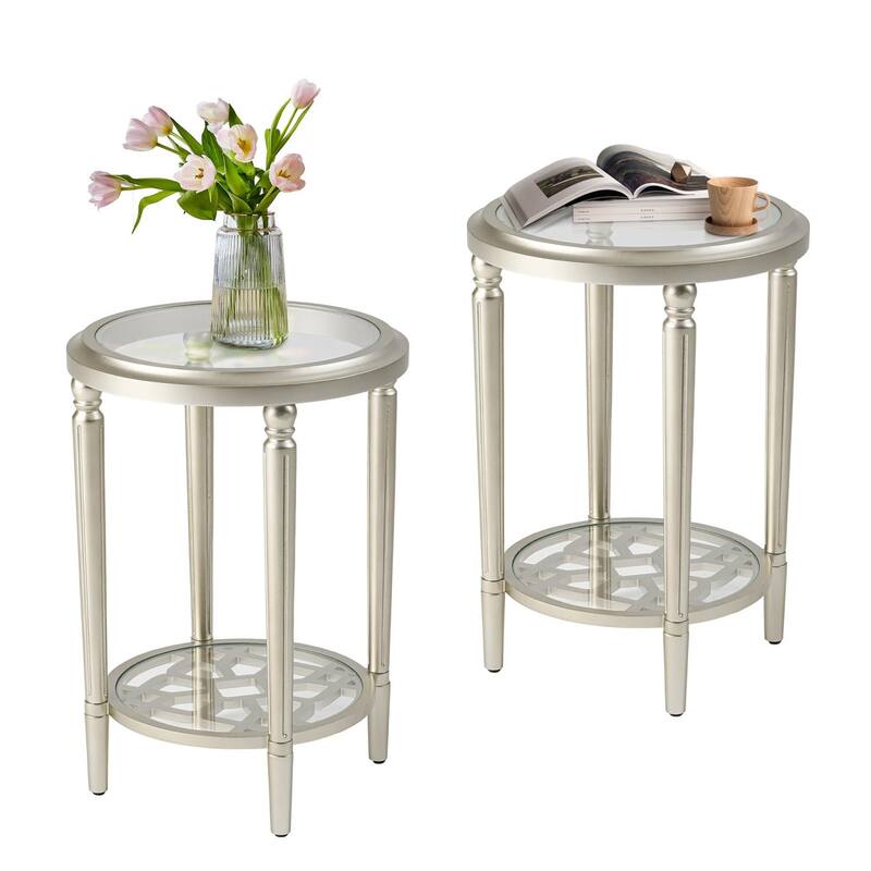 COSIEST 2-Tier Sliver Round Tempered Glass Side Table with Storage Shelf