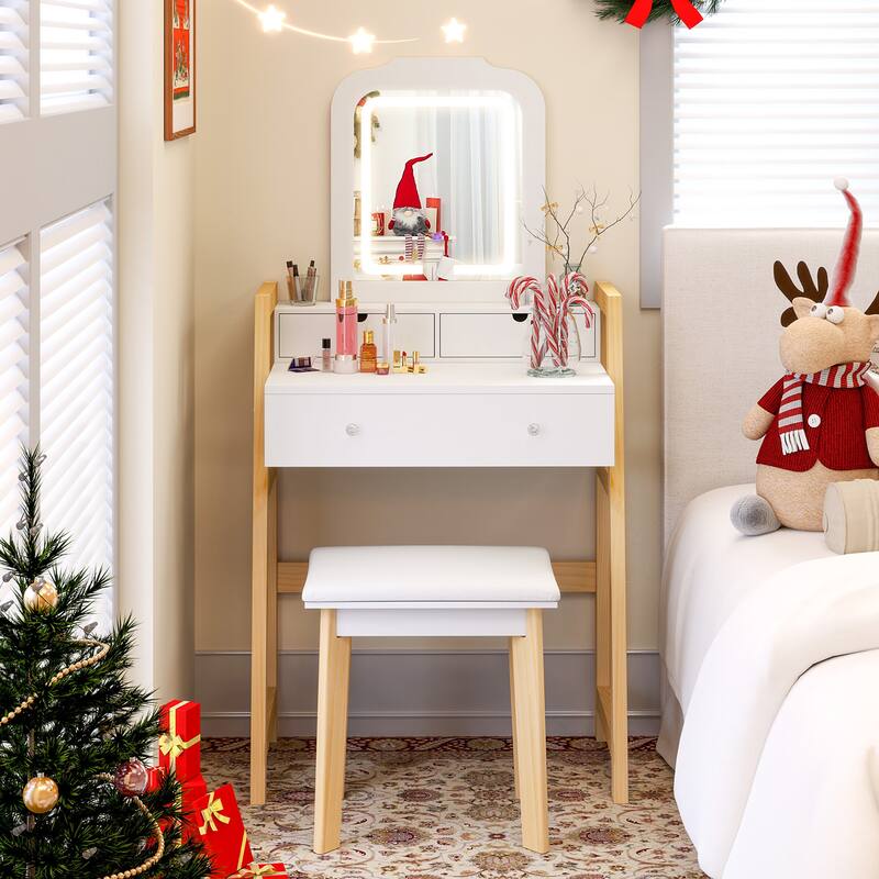 Gymax Vanity Desk Set w/ Mirror 3-Color LED Lights Drawers Solid Pine