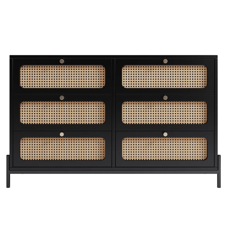 HomeRoots 47" Black Wood And Rattan Six Drawer Double Dresser