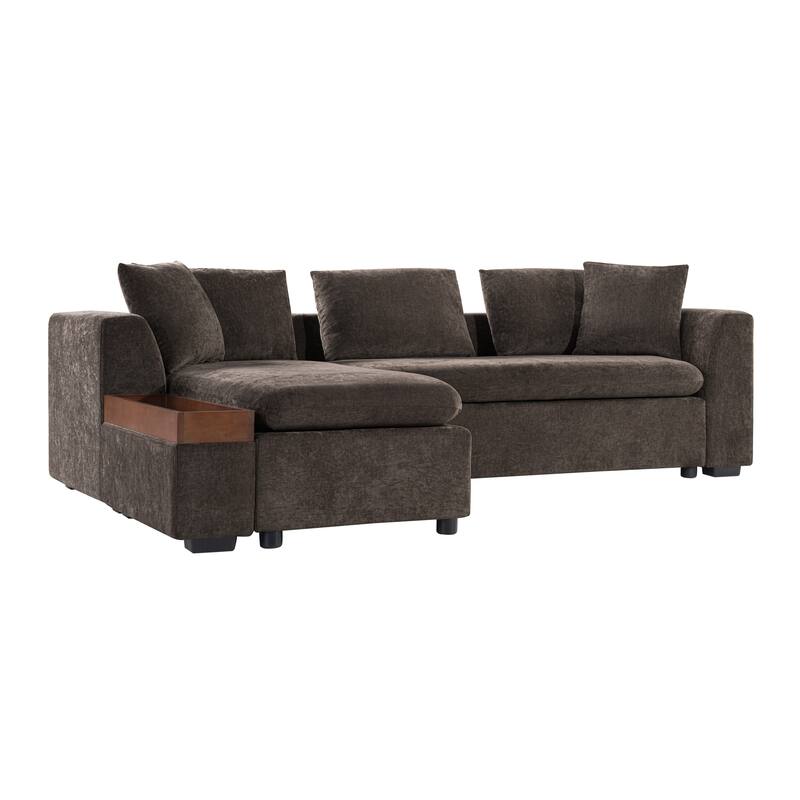 L-Shaped Sectional Sofa with Chaise Lounge, Chenille Upholstered Sleeper Couch with Wooden Storage Compartment & Throw Pillows