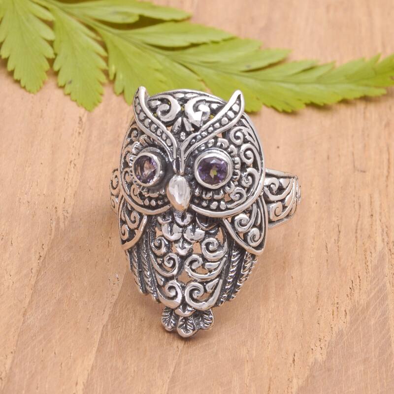 Novica Handmade Purple Baby Owl Amethyst Cocktail Ring