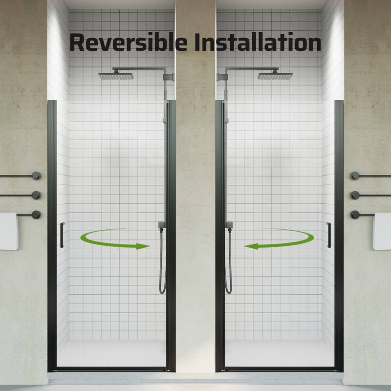 30/32/34" W x 72" H Semi-Frameless Pivot Shower Door, 6mm Tempered Glass, Matte Black Reversible Swing Panel