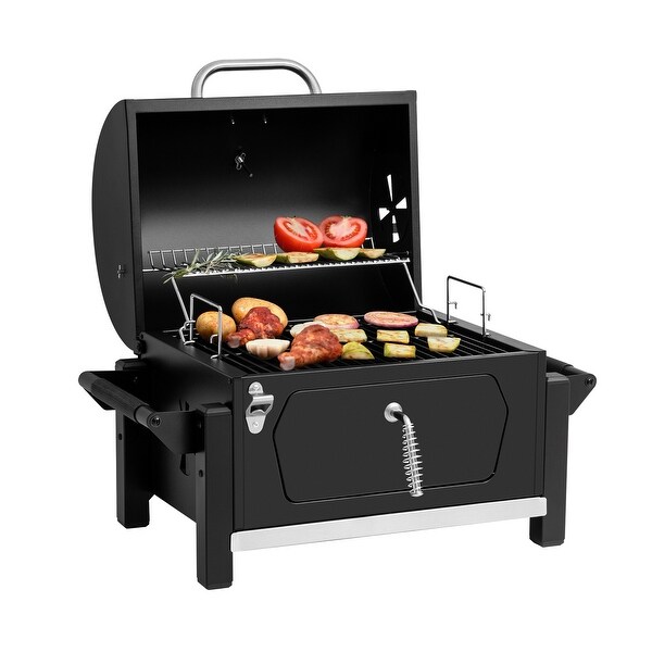 Royal Gourmet Portable Charcoal Grill with Side Handles and Bottle Opener, Tailgate and Campsite, Black