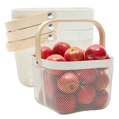 4 Pack Mesh Fruit Basket with Wooden Handles, Square, White, 9.5 x 9.5 x 7 In