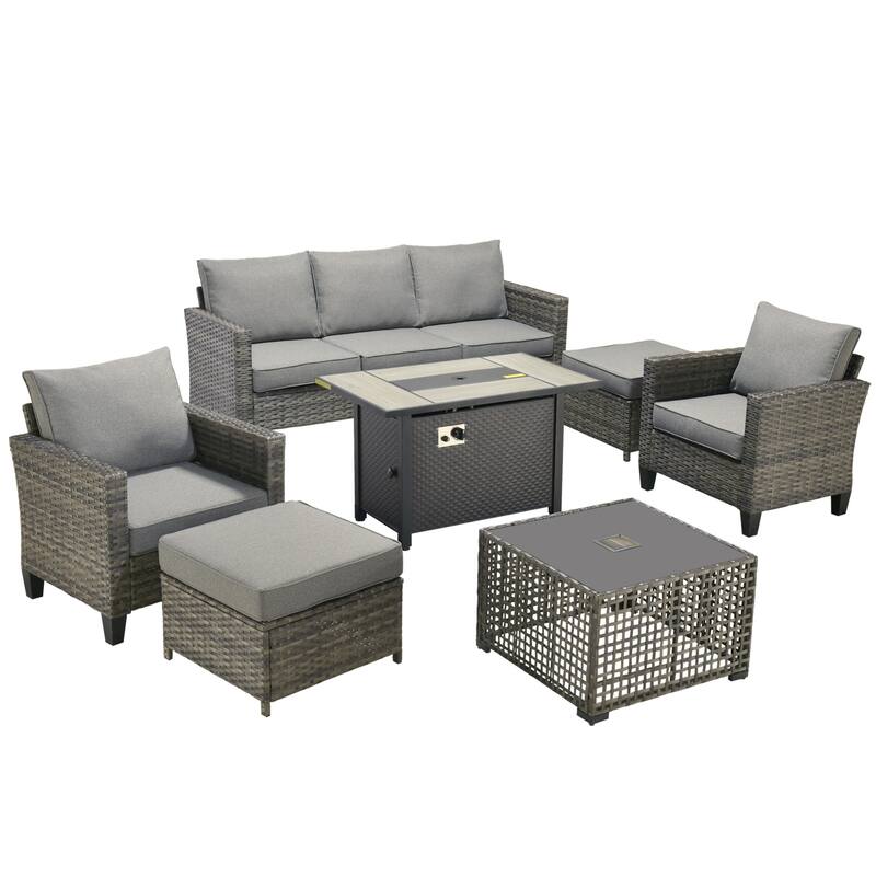 OVIOS 7 Pieces Patio Furniture Set with Solar-Powered Table & Fire Pit