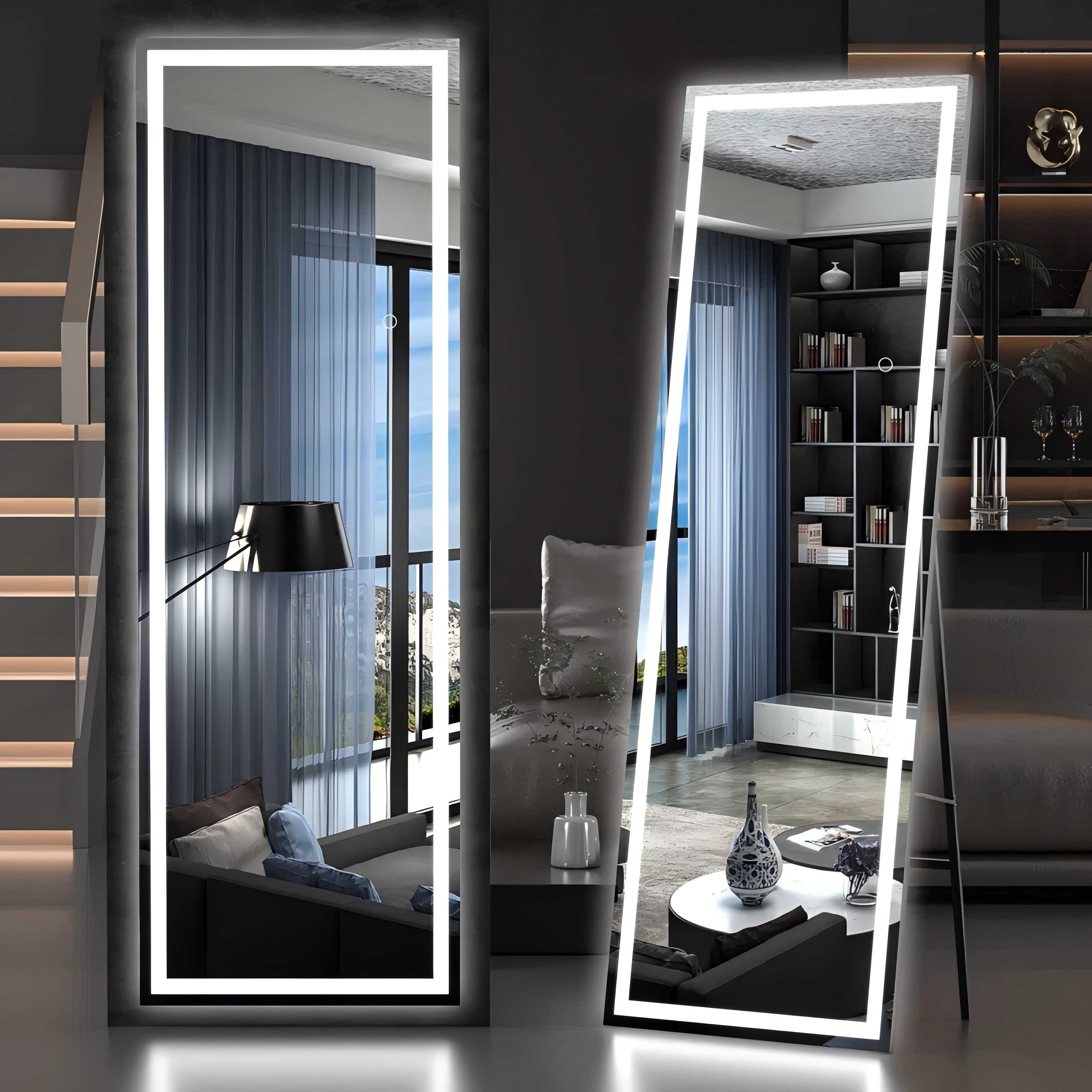 LED Lighted Full Length Body Mirror with Black Aluminum Alloy, Dimmable 3 Color Floor Mirror
