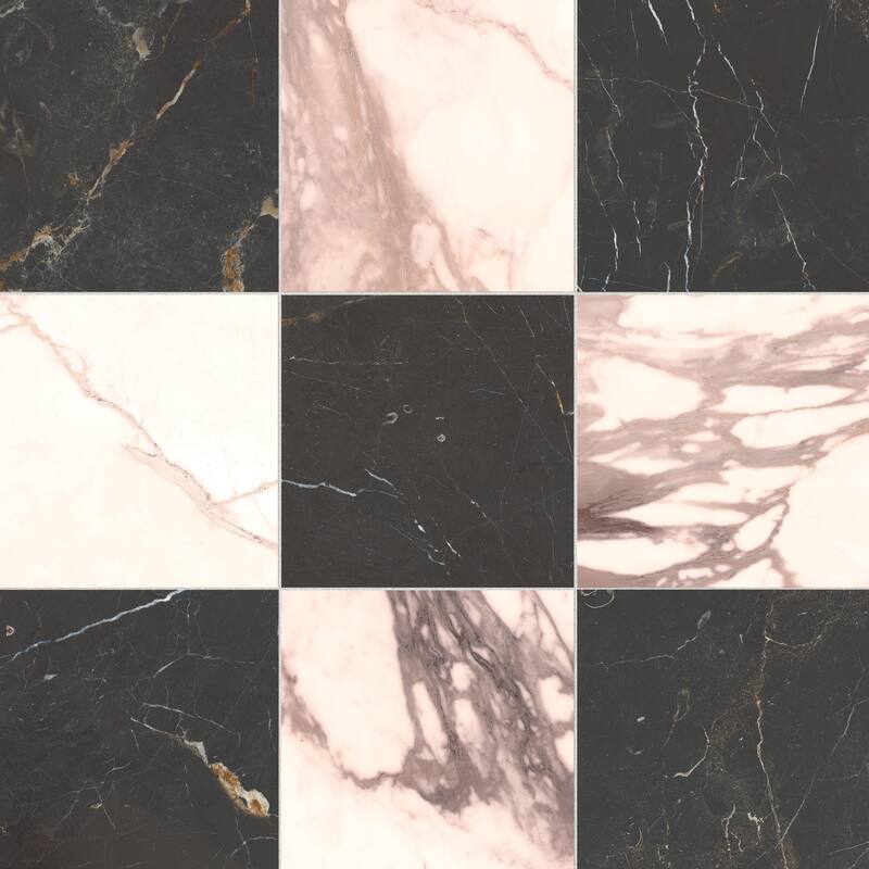 Merola Tile Reve Checker Noir with Rose 11-3/4" x 11-3/4" Porcelain Floor and Wall Tile