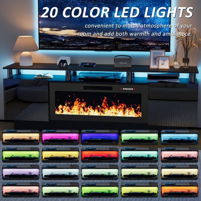 BOSSIN 70" Modern Electric Fireplace TV Stand, with Electronic Flame and LED Lights, High Gloss Finish Entertainment Center