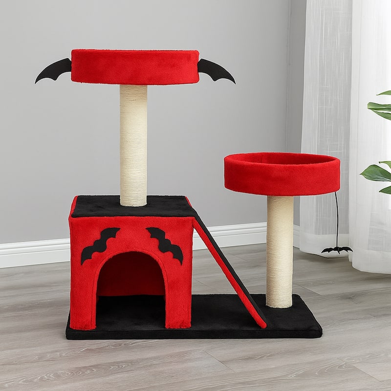 26" Gothic Cat Tree with Condo, Perches, Scratching Posts & Toy