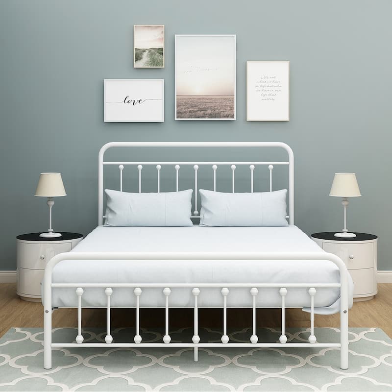 Victorian Style Metal Platform Bed Frame with Iron-Art Headboard Footboard, Under Bed Storage, No Box Spring Needed, Noise Free - White - Queen