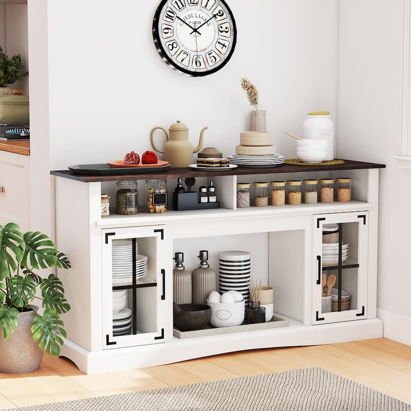 58" White TV Stand with RGB LED Lights Glass Accents Adjustable Storage 50" TV Fits Living Room Decor