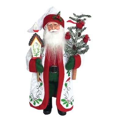 16" Cardinal Santa Claus with Birdhouse and Pine Tree Standing Christmas Figurine